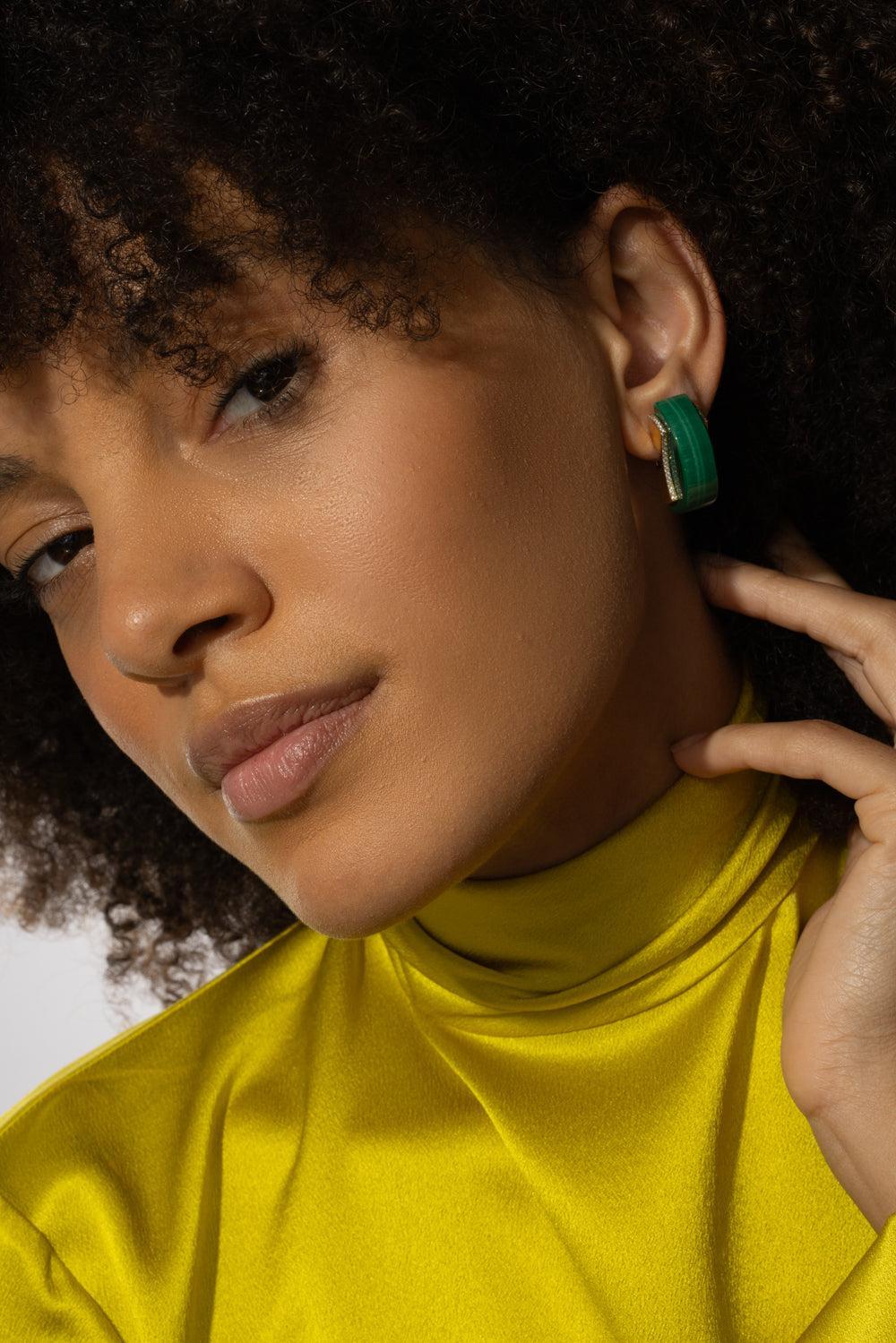 Malachite Diamond Edging Luna Curve Earrings - Image 3