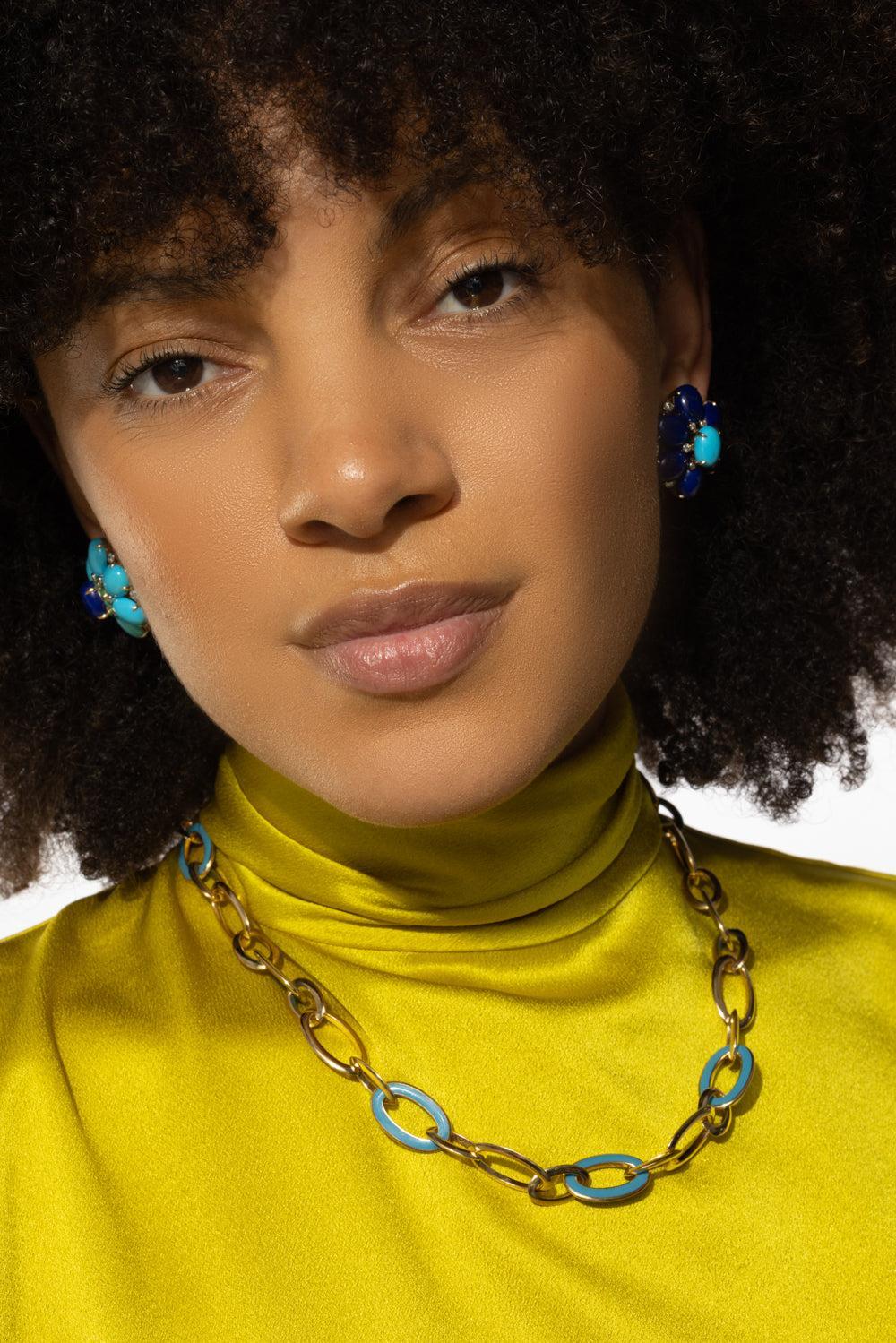 Turquoise Lapis Diamond Fioretta Earrings - Image 2