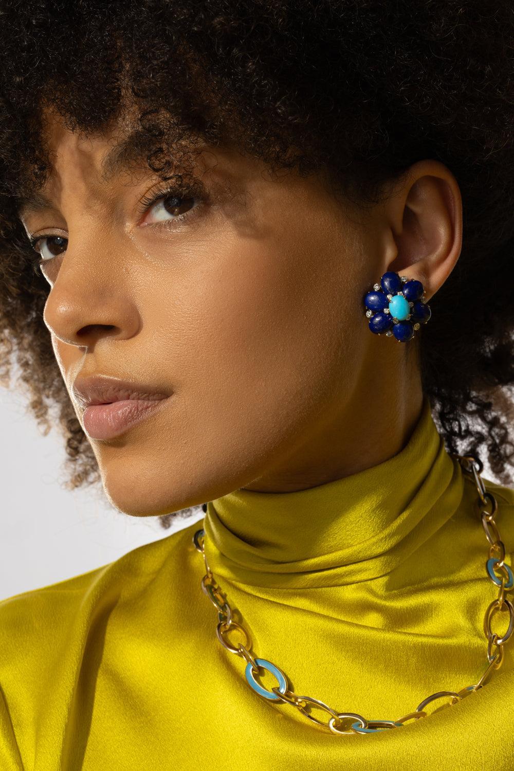 Turquoise Lapis Diamond Fioretta Earrings - Image 3