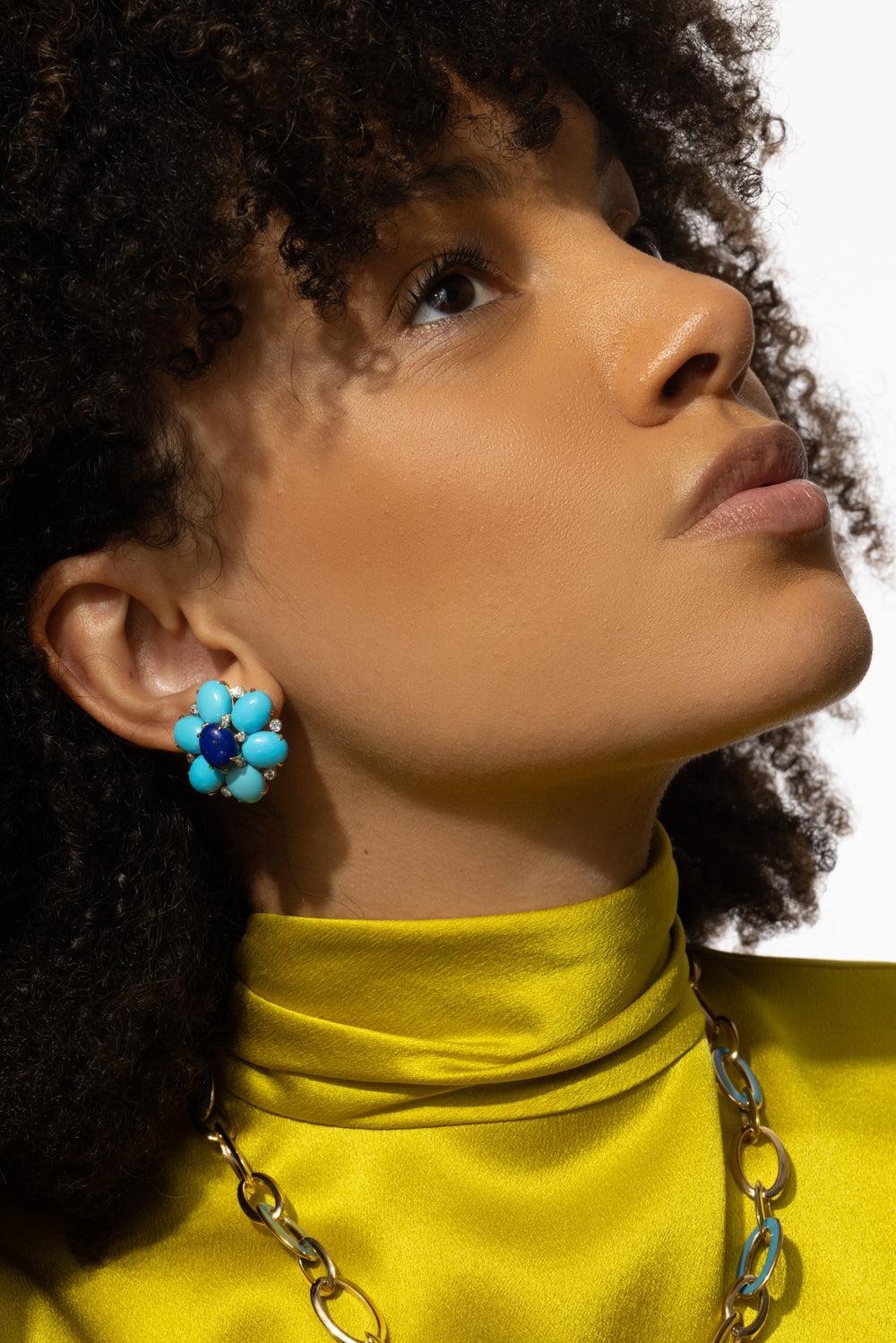 Turquoise Lapis Diamond Fioretta Earrings - Image 4