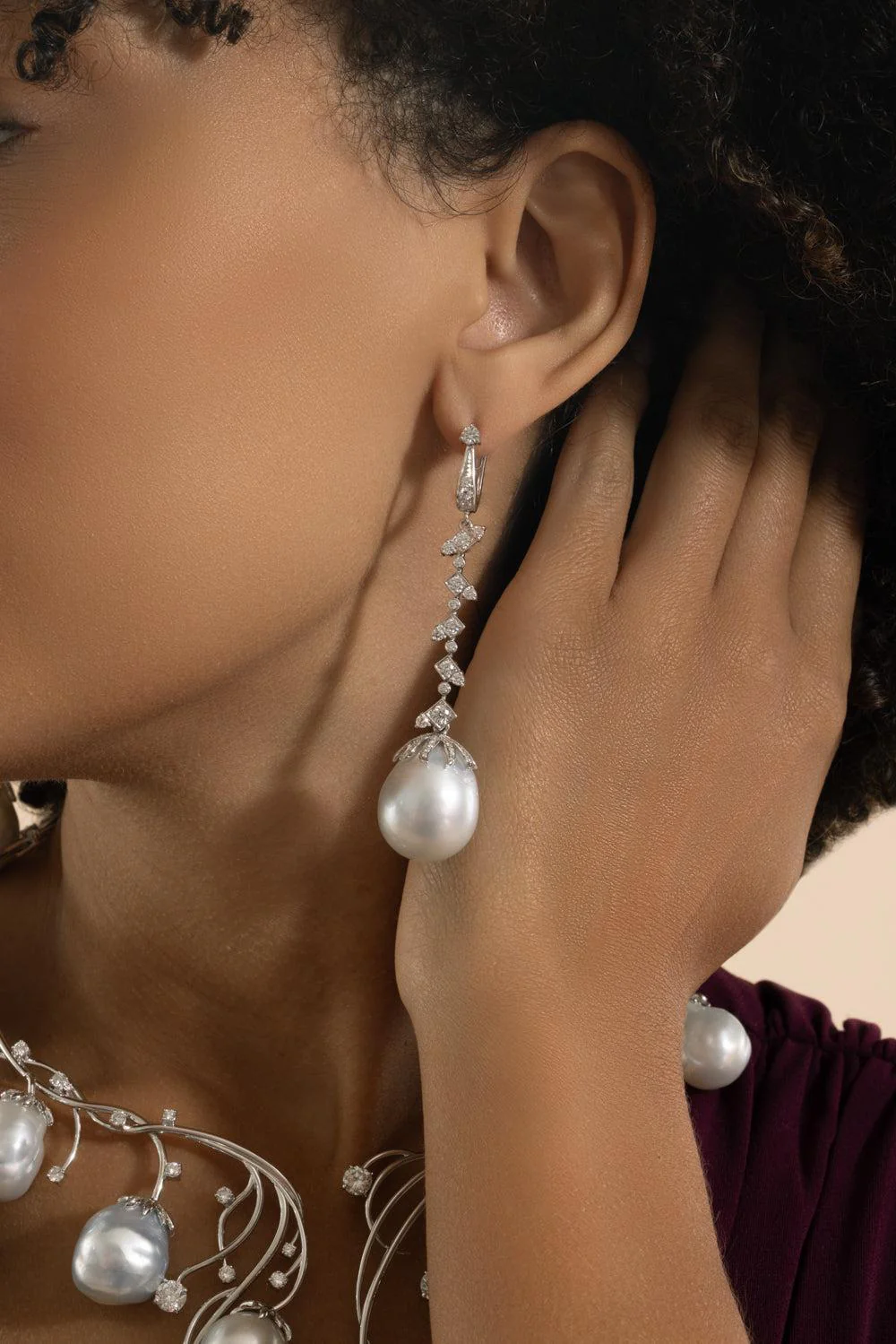 Pearl Diamond Drop Earrings - Image 4