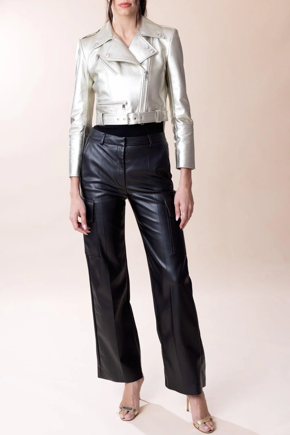 Cropped Biker Jacket - Champagne - Image 5