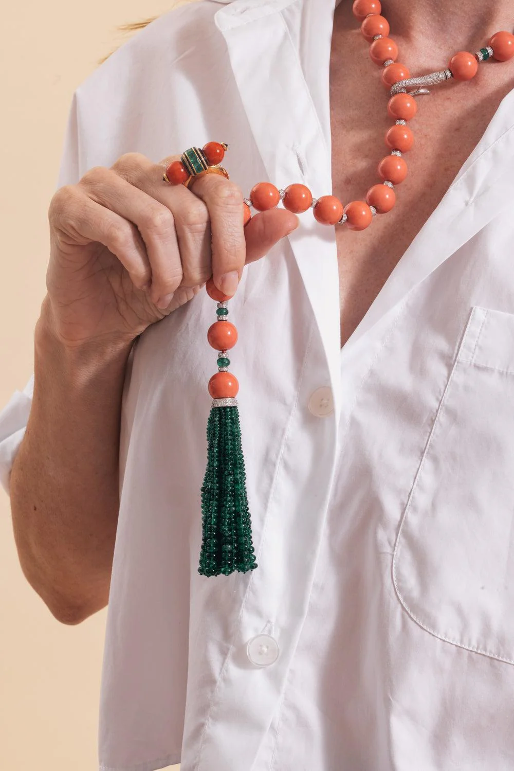 Coral Bead Tassel Necklace - Image 5