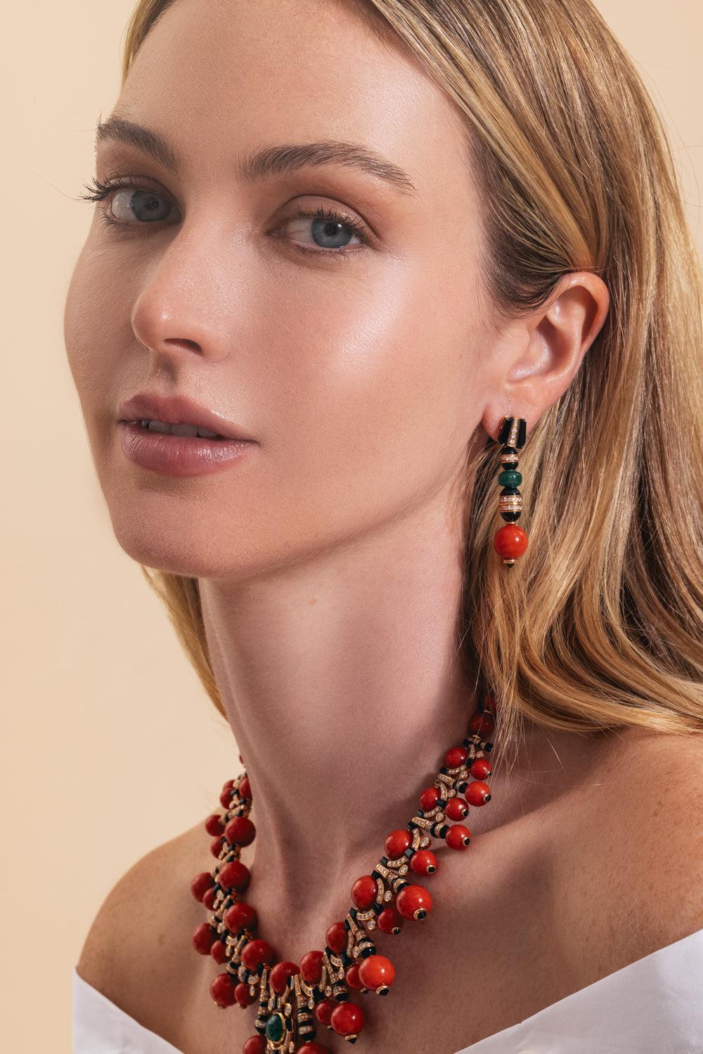 Diamond Emerald Coral Black Onyx Earrings - Image 3