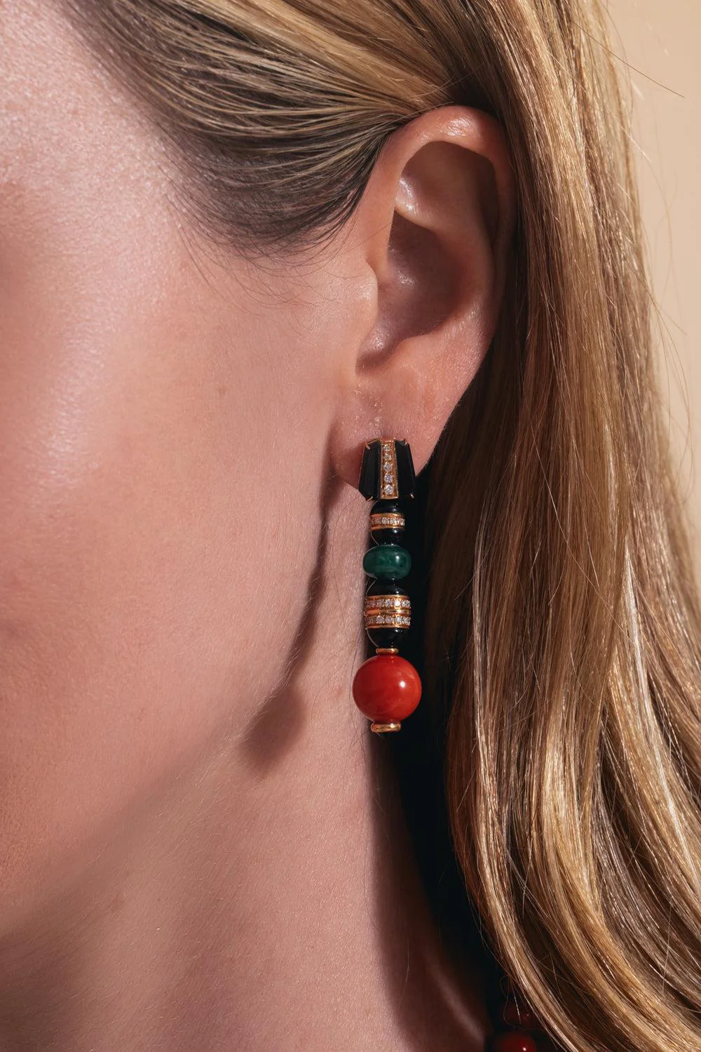 Diamond Emerald Coral Black Onyx Earrings - Image 4
