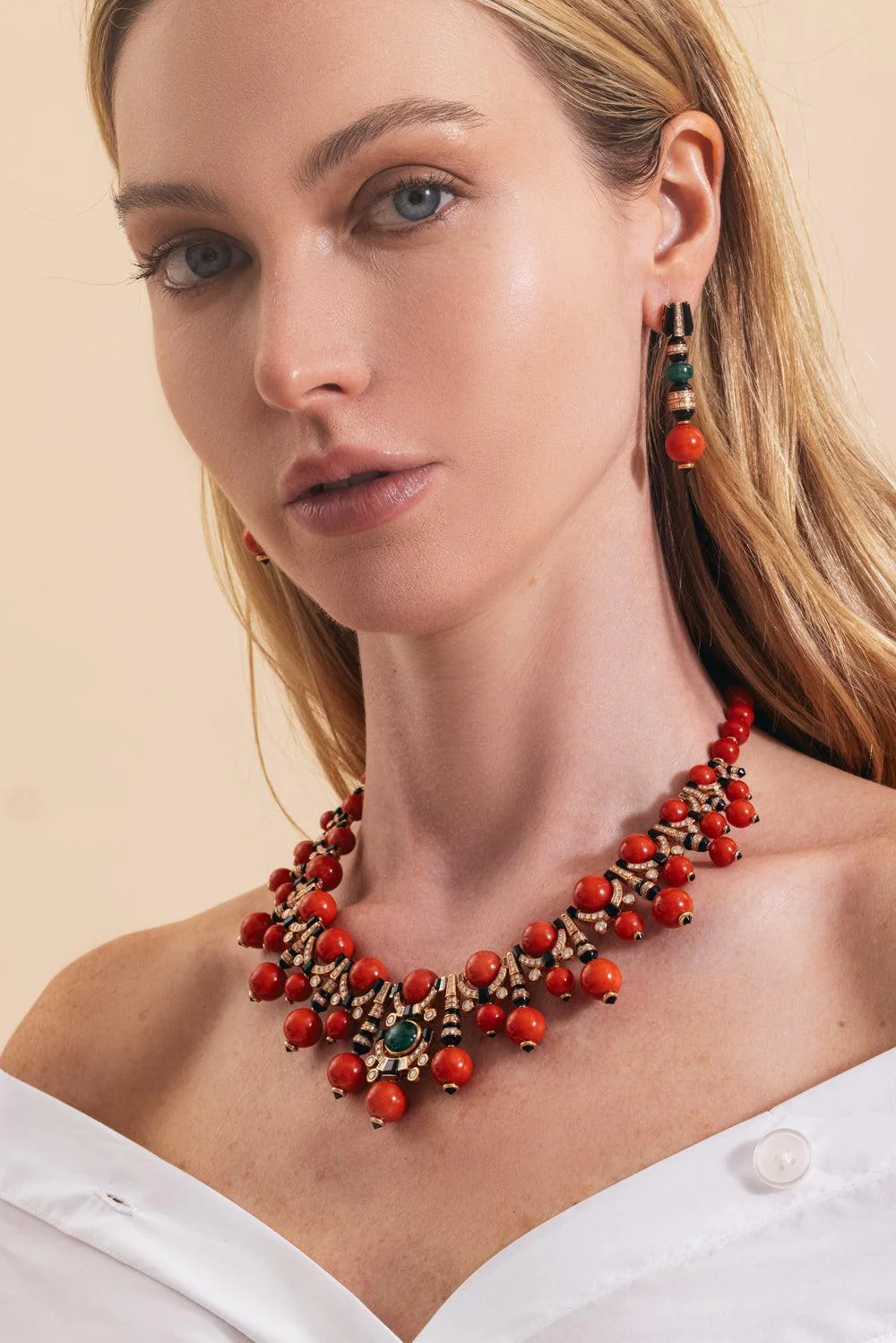 Diamond Emerald Coral Black Onyx Earrings - Image 5