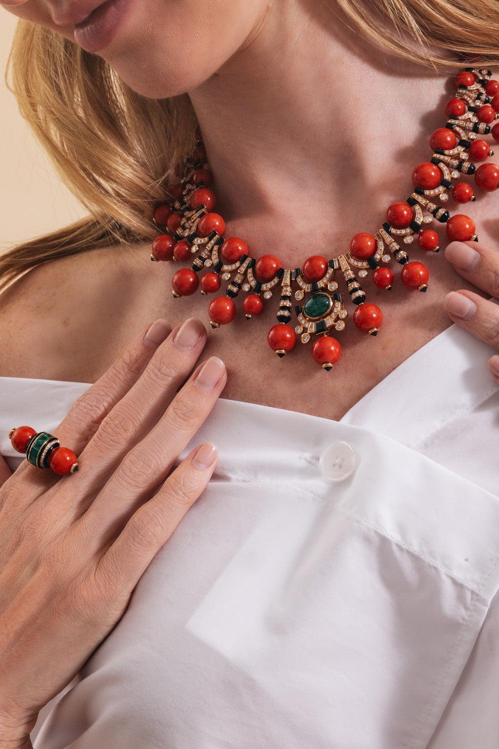 Diamond Emerald Coral Black Onyx Necklace - Image 5