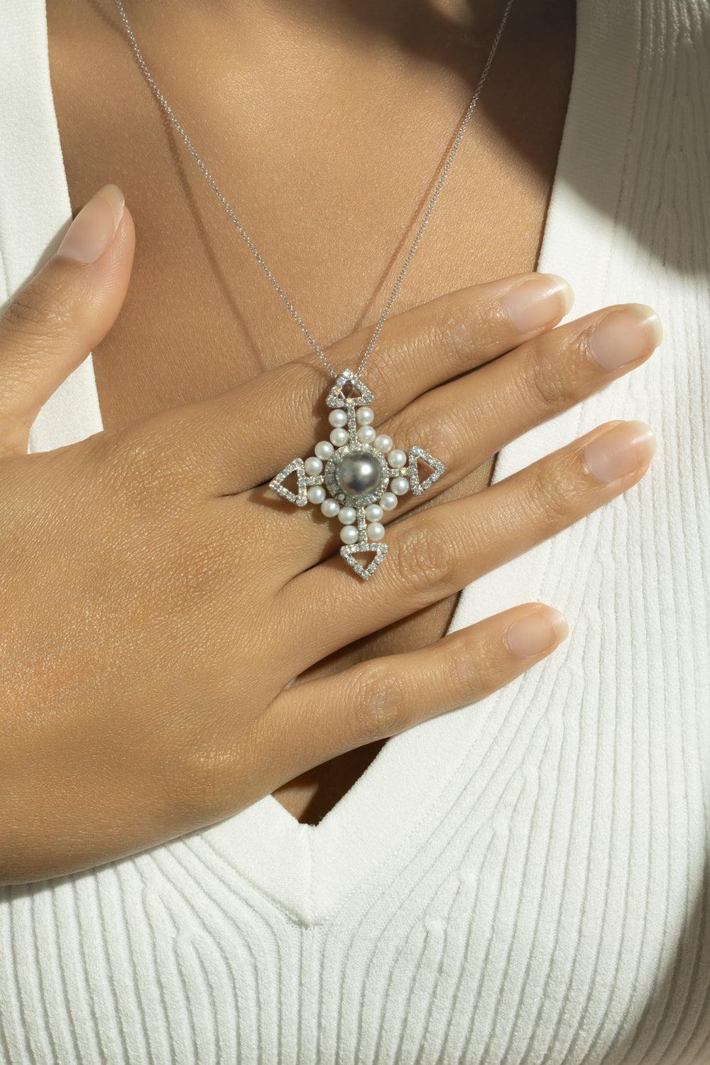 Diamond Pearl Cross Necklace - Image 3