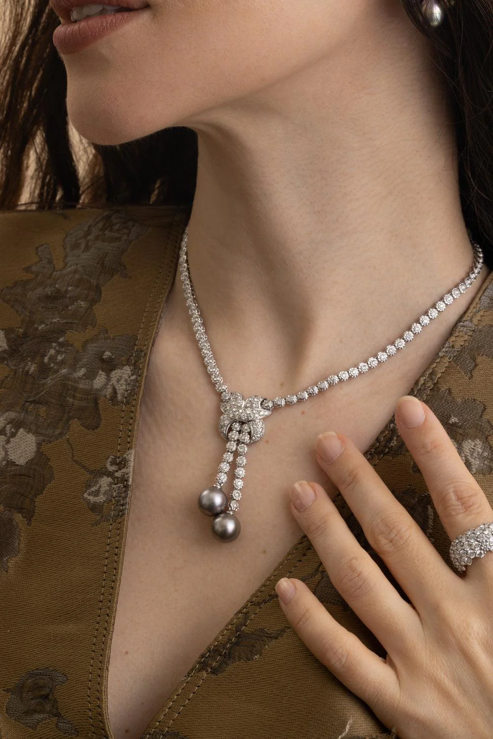 Pearl Diamond Tassel Necklace - Image 4