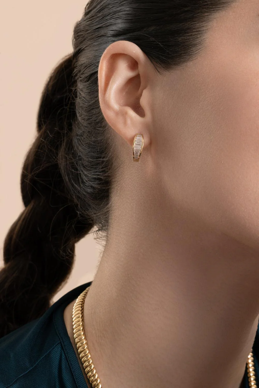 Diamond Baguette Huggie Earrings - Image 3