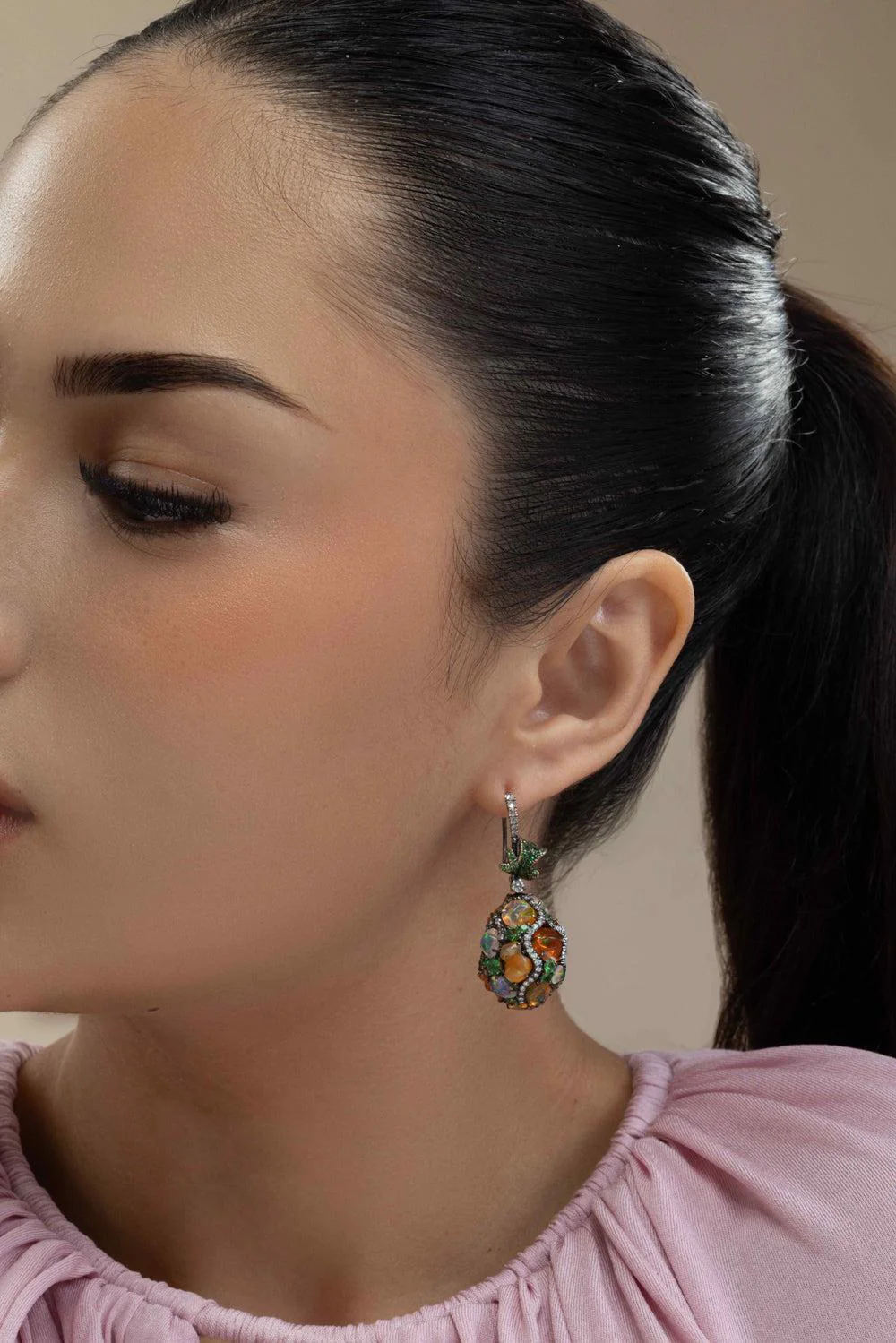 Fire Opal Tsavorite Diamond Egg Earrings - Image 4
