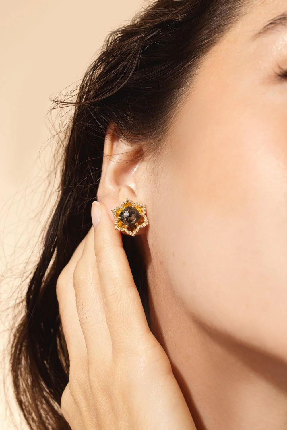 Rustic Diamond Flower Stud Earrings - Image 2