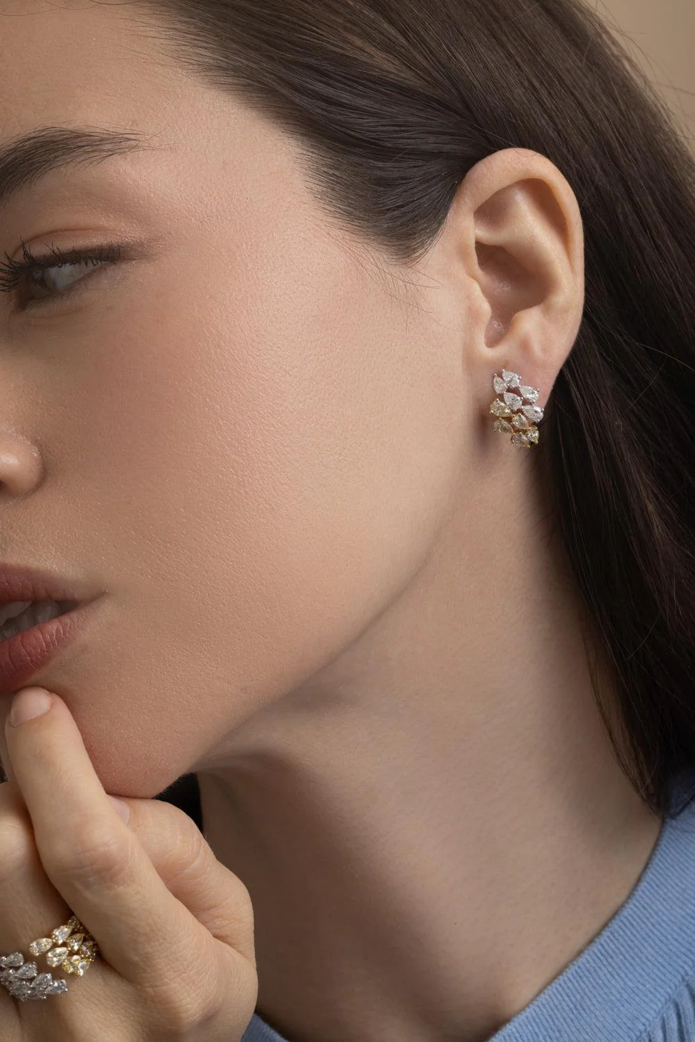 Diamond Mixed Metal Huggie Earrings - Image 2