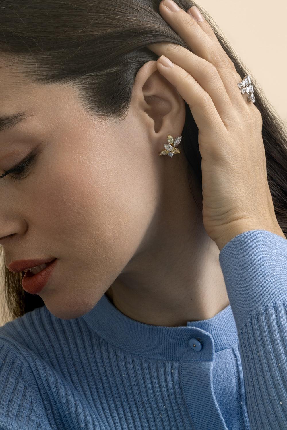 Diamond Six Petal Flower Earrings - Image 3