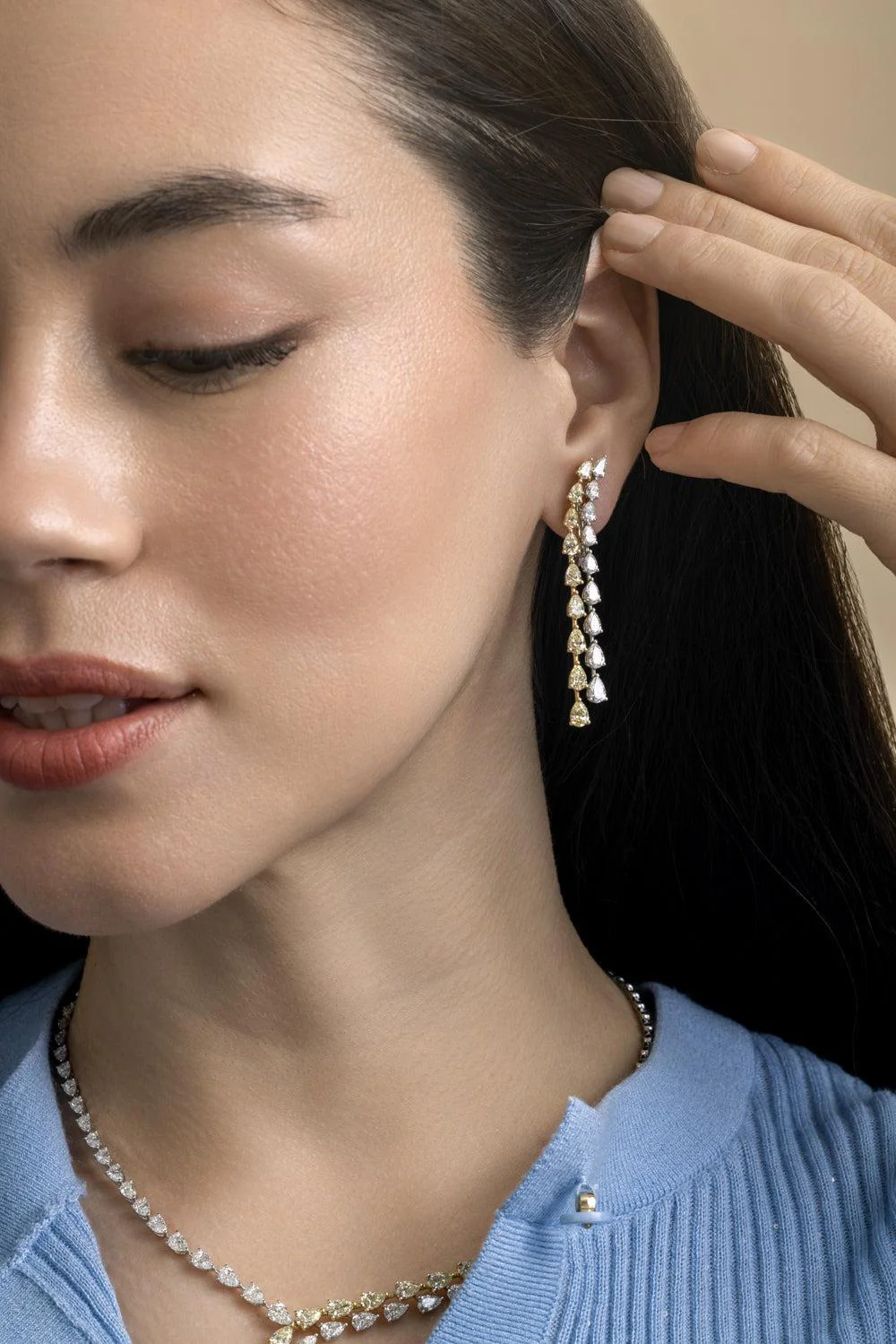 Diamond Two Row Long Teardrop Earrings - Image 3