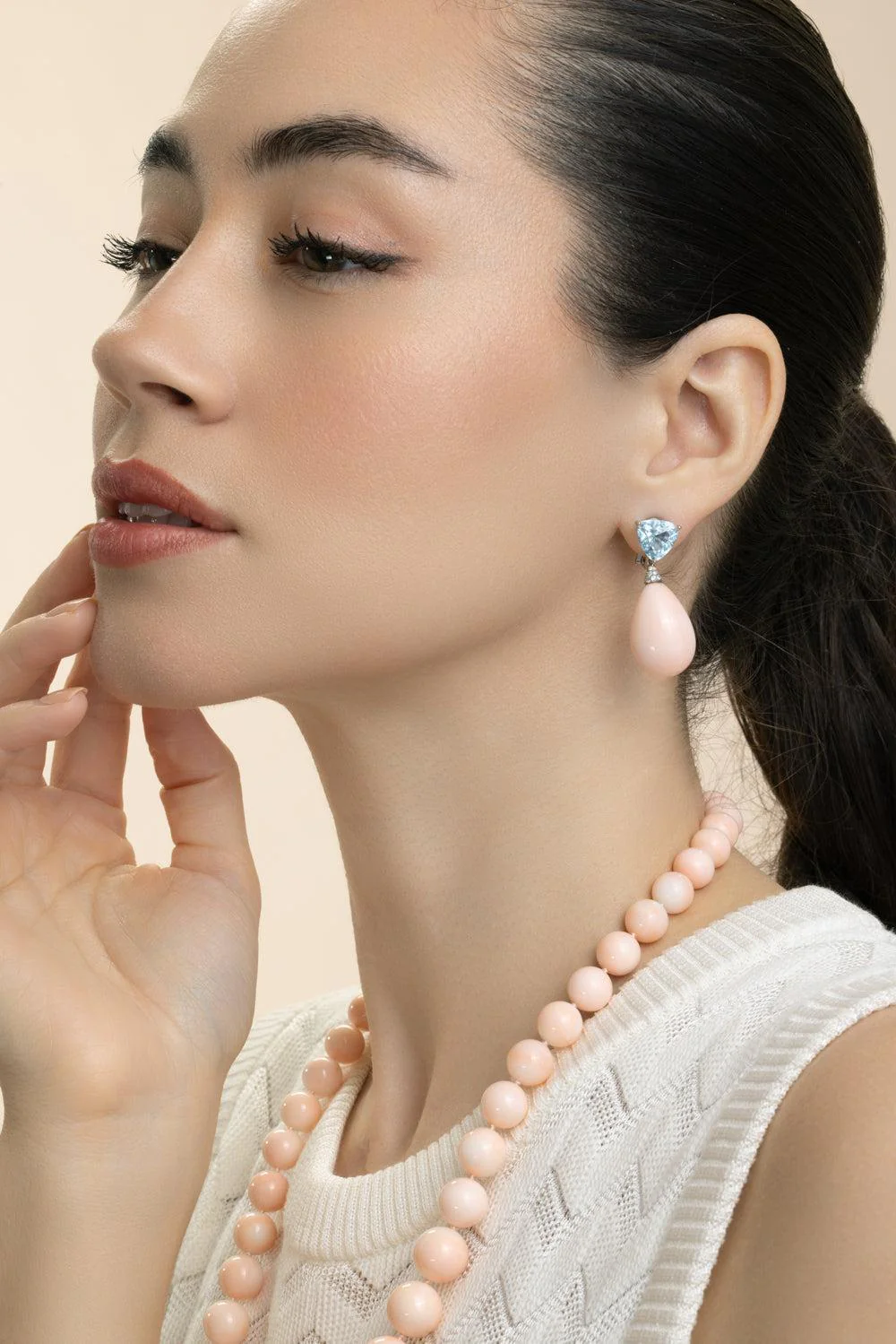 Aquamarine Angel Skin Coral Drop Earrings - Image 2