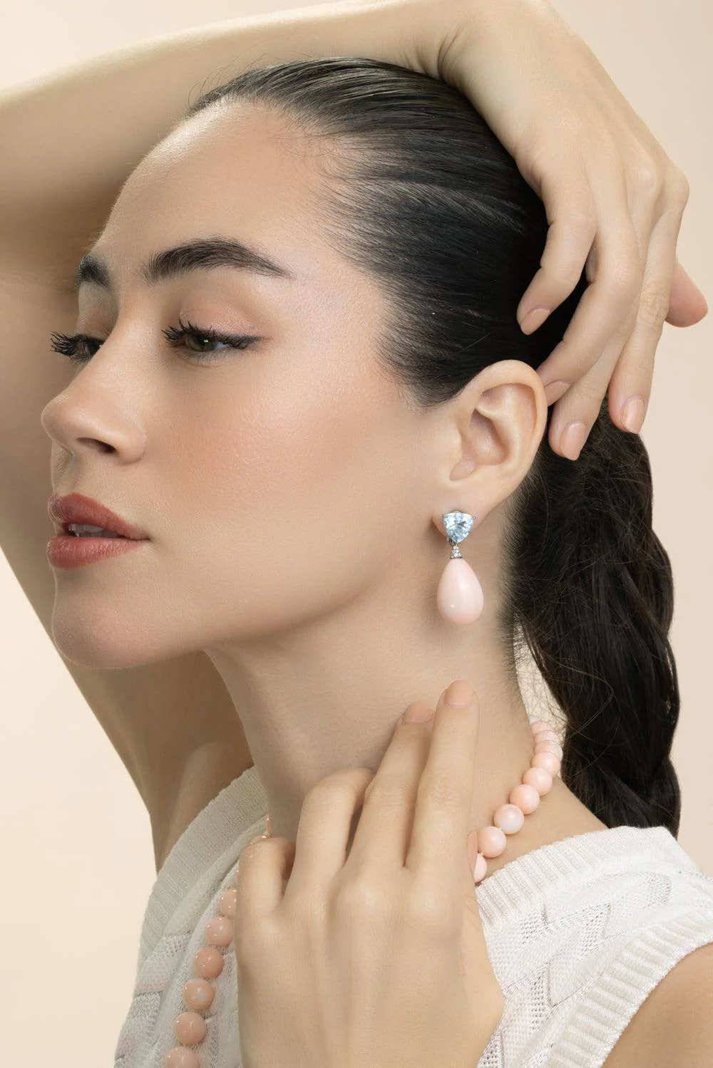 Aquamarine Angel Skin Coral Drop Earrings - Image 3
