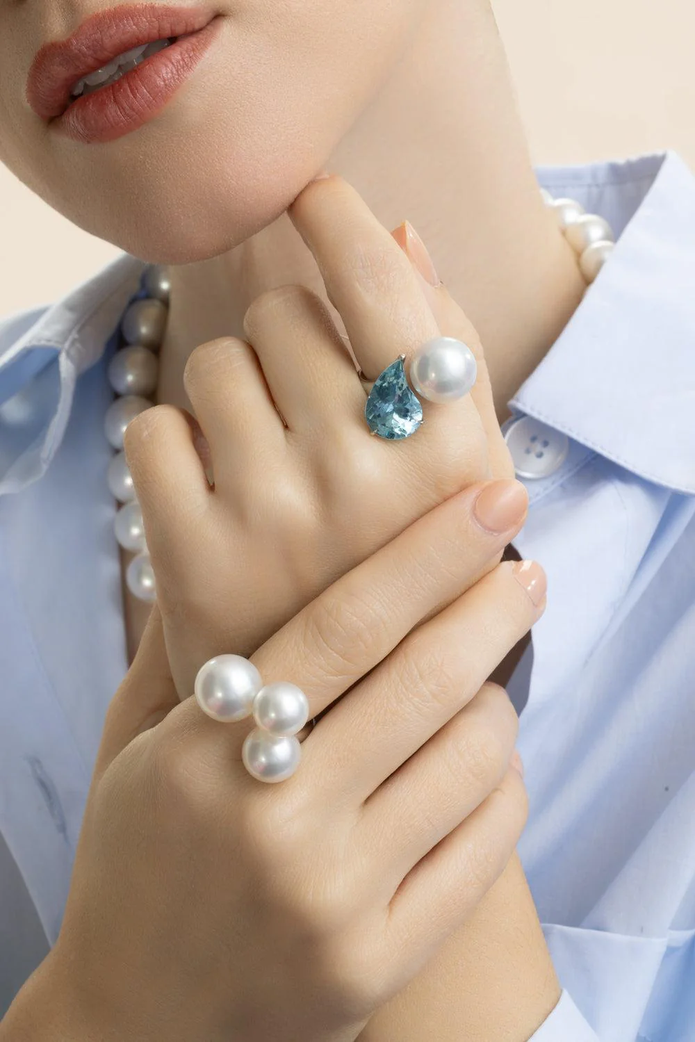 Aquamarine South Sea Pearl Button Ring - Image 4