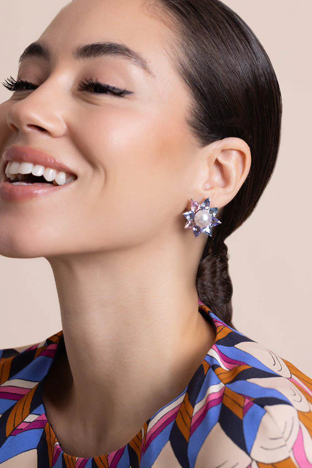 Sapphire Pearl Flower Earrings - Image 3