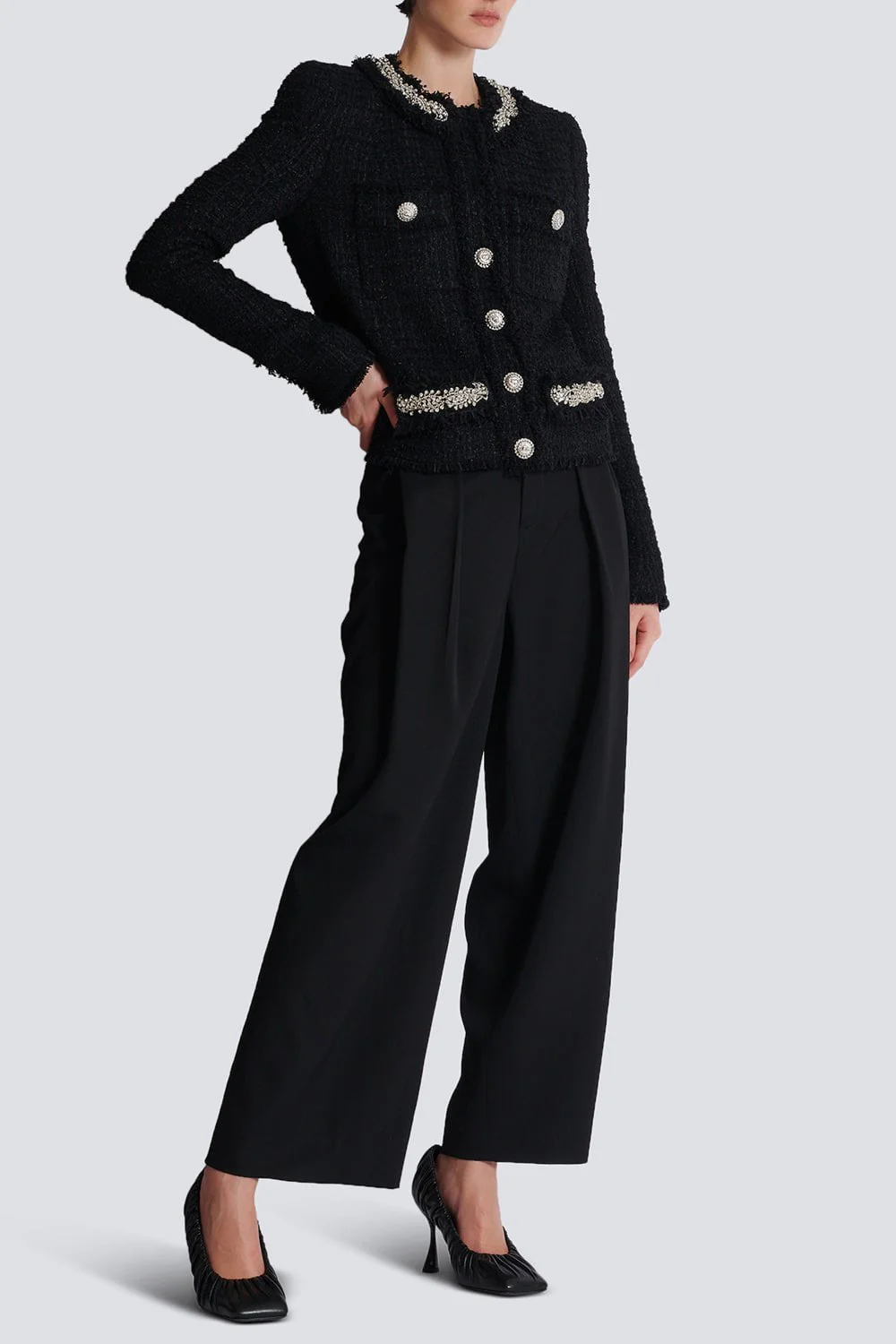 Embellished Collarless Side To Side Jacket - Image 3