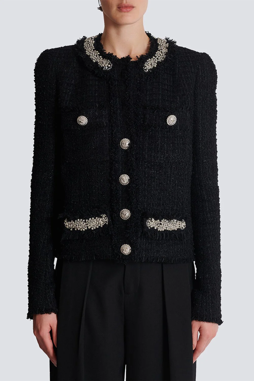 Embellished Collarless Side To Side Jacket - Image 4