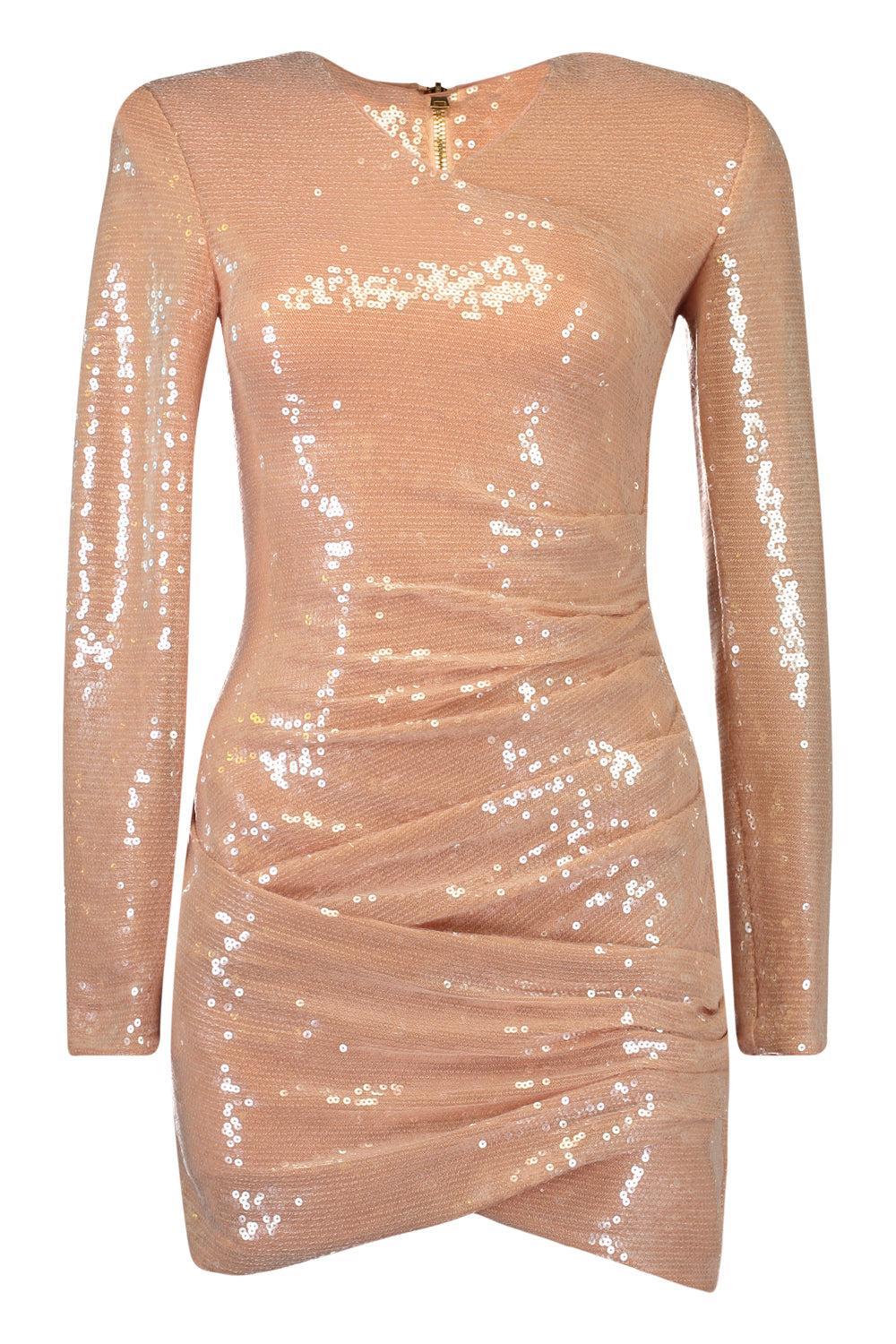 Long Sleeve Drape Sequin Mini Dress