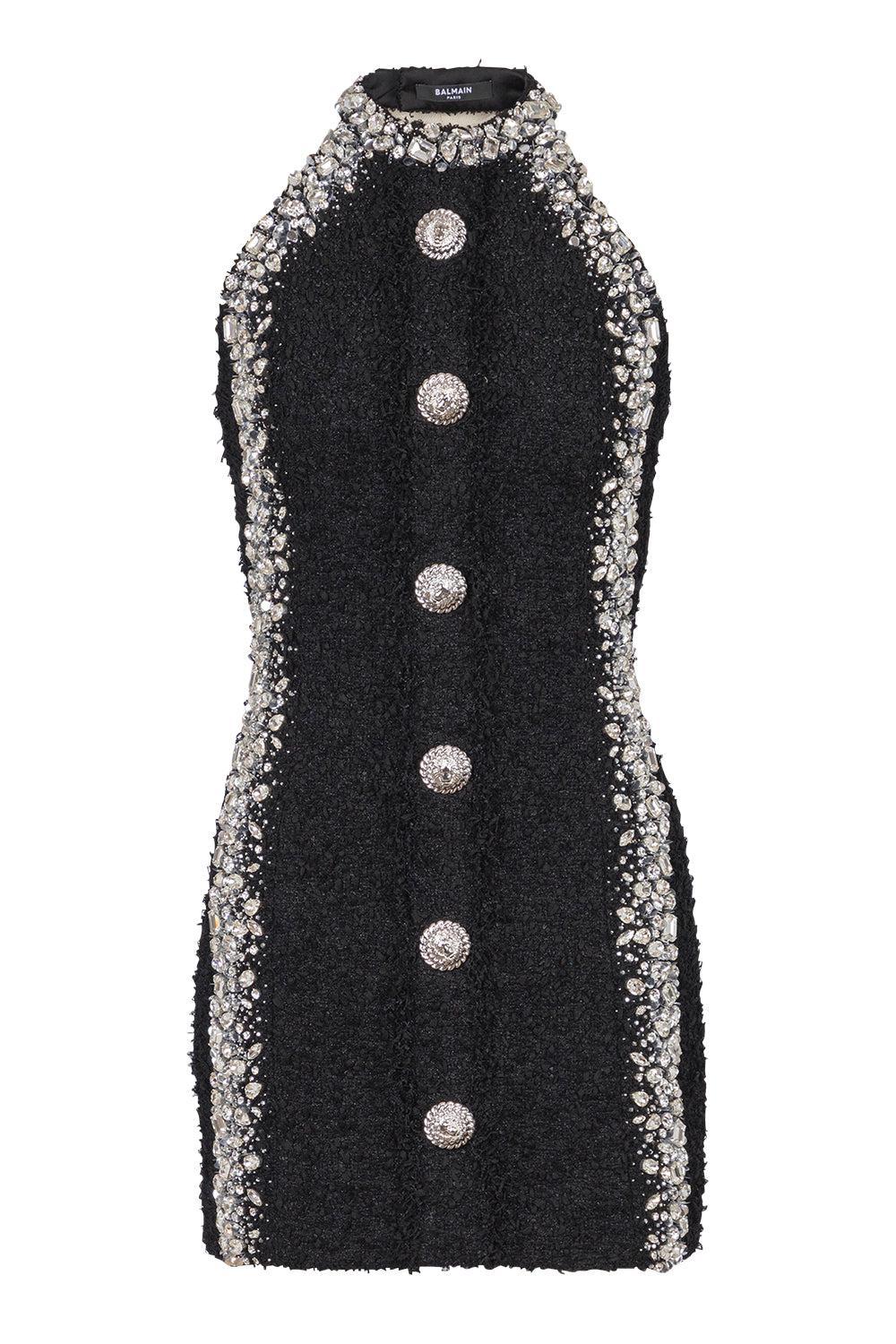 SLEEVELESS BUTTONED EMBROIDERED MINI DRESS