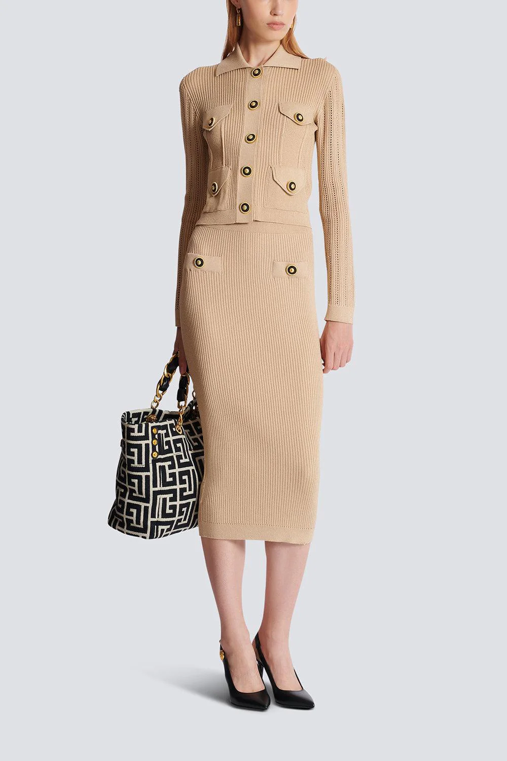 TWO BUTTON RIBBED MIDI SKIRT - Image 2