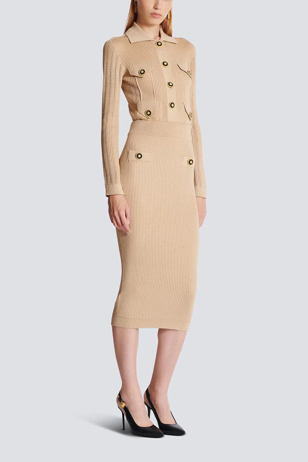 TWO BUTTON RIBBED MIDI SKIRT - Image 5