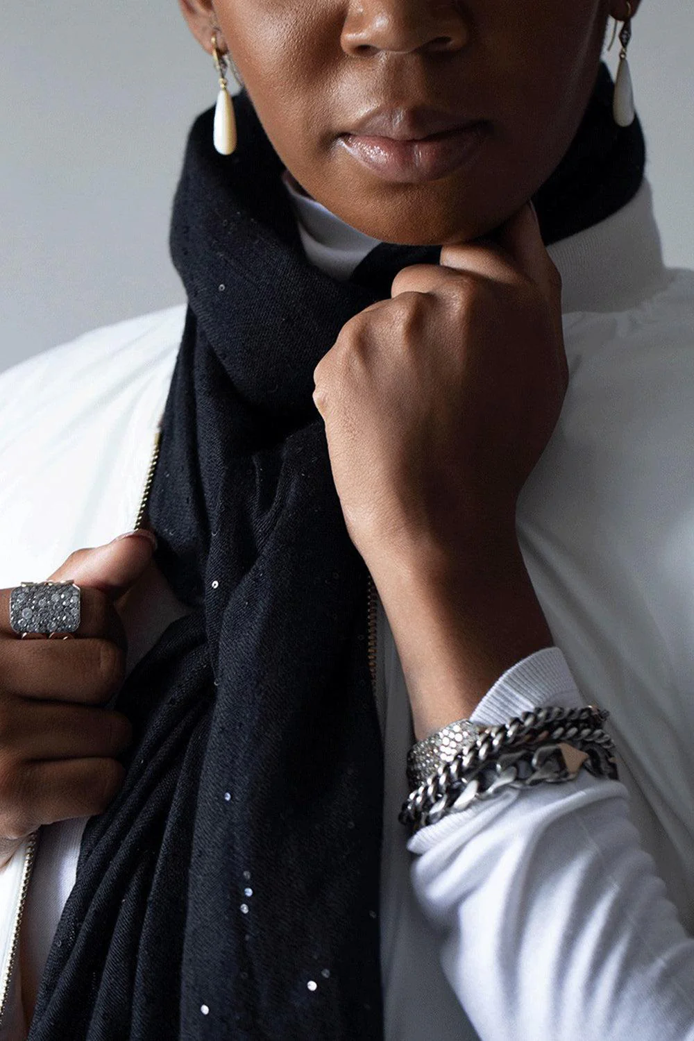 Black Cashmere Silk and Paillette Scarf - Image 2