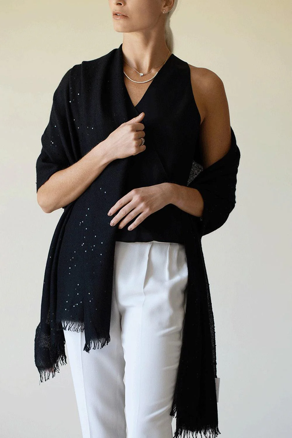 Black Cashmere Silk and Paillette Scarf - Image 4
