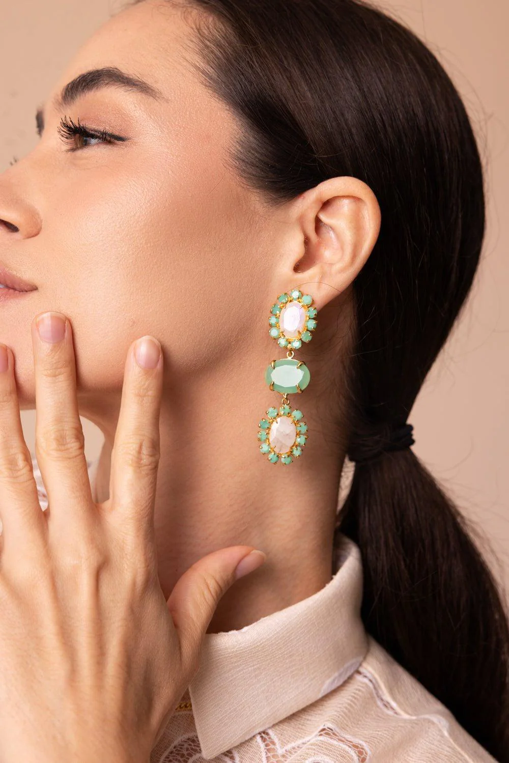 Chrysoprase Moonstone Three Drop Earrings - Image 2