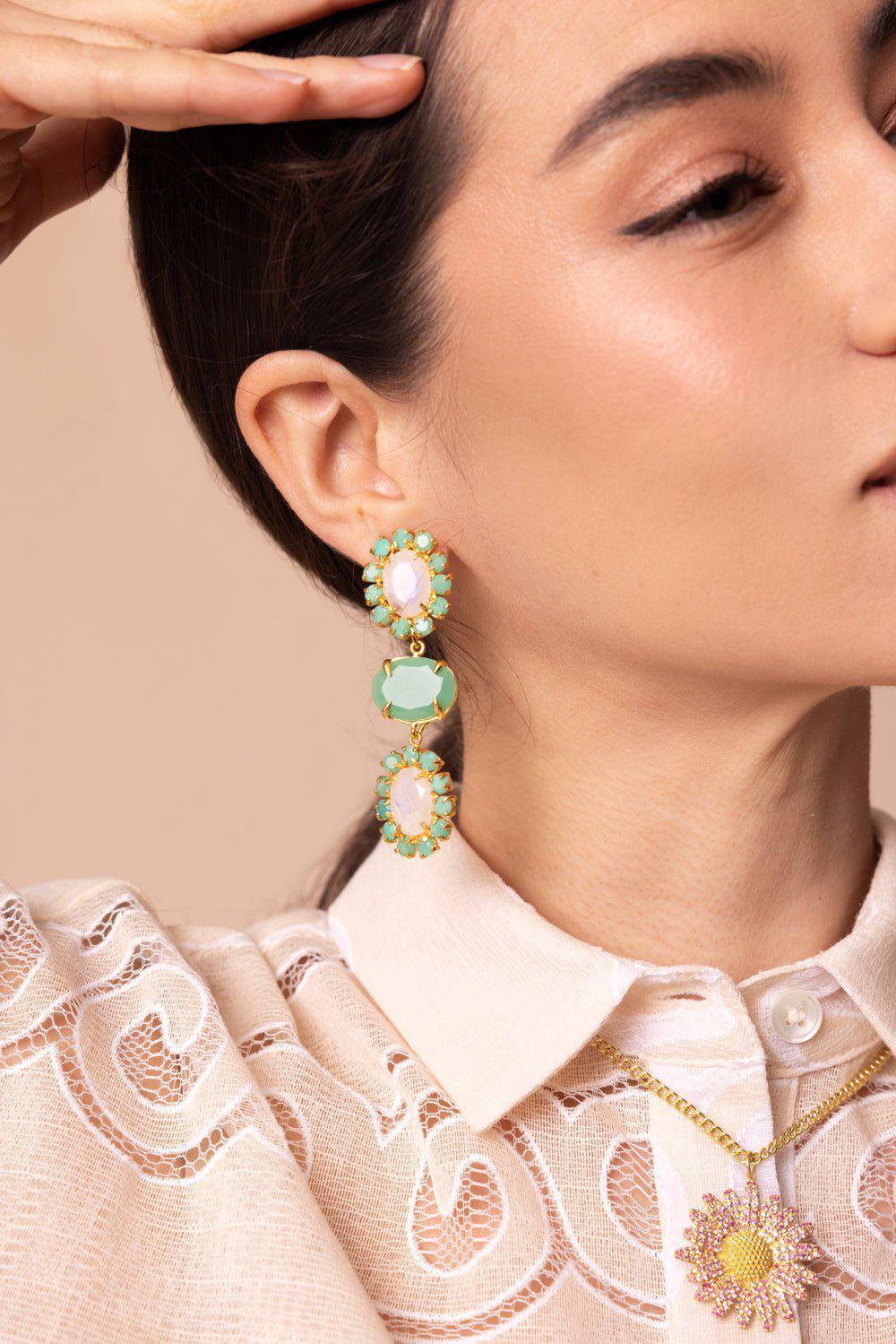 Chrysoprase Moonstone Three Drop Earrings - Image 3
