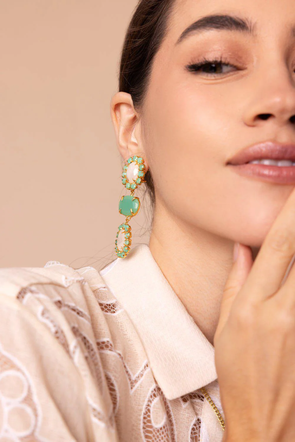 Chrysoprase Moonstone Three Drop Earrings - Image 4