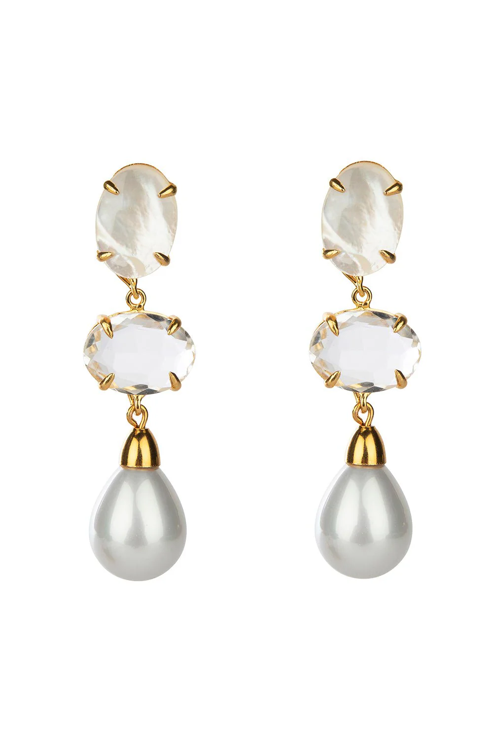 Quartz Pearl Three Drop Earrings
