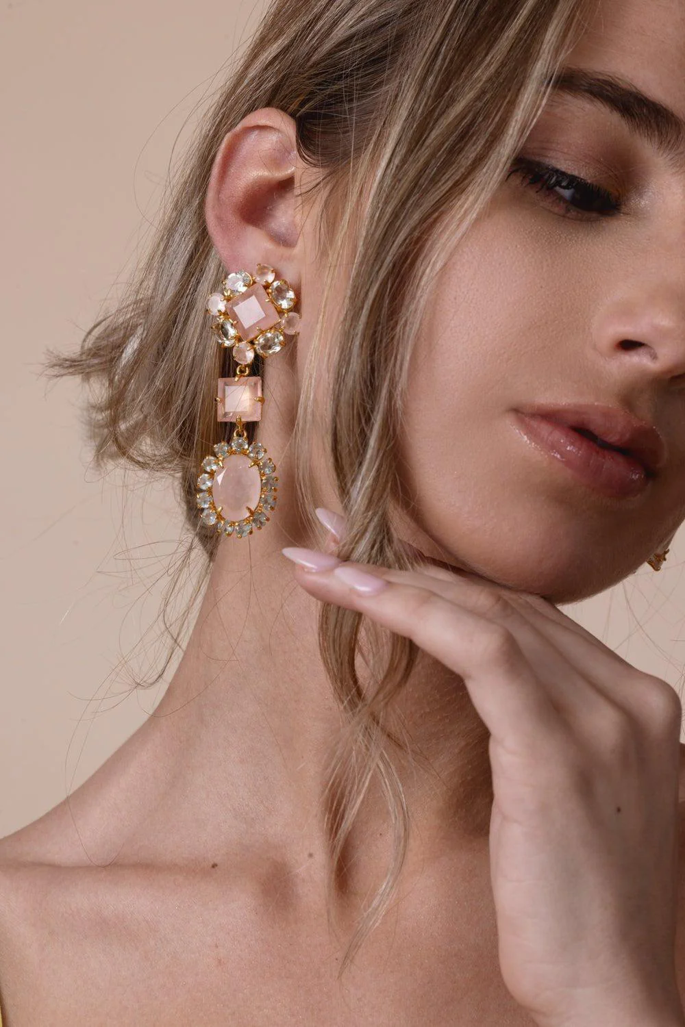 Rose Quartz Amethyst Moonstone Drop Earrings - Image 2