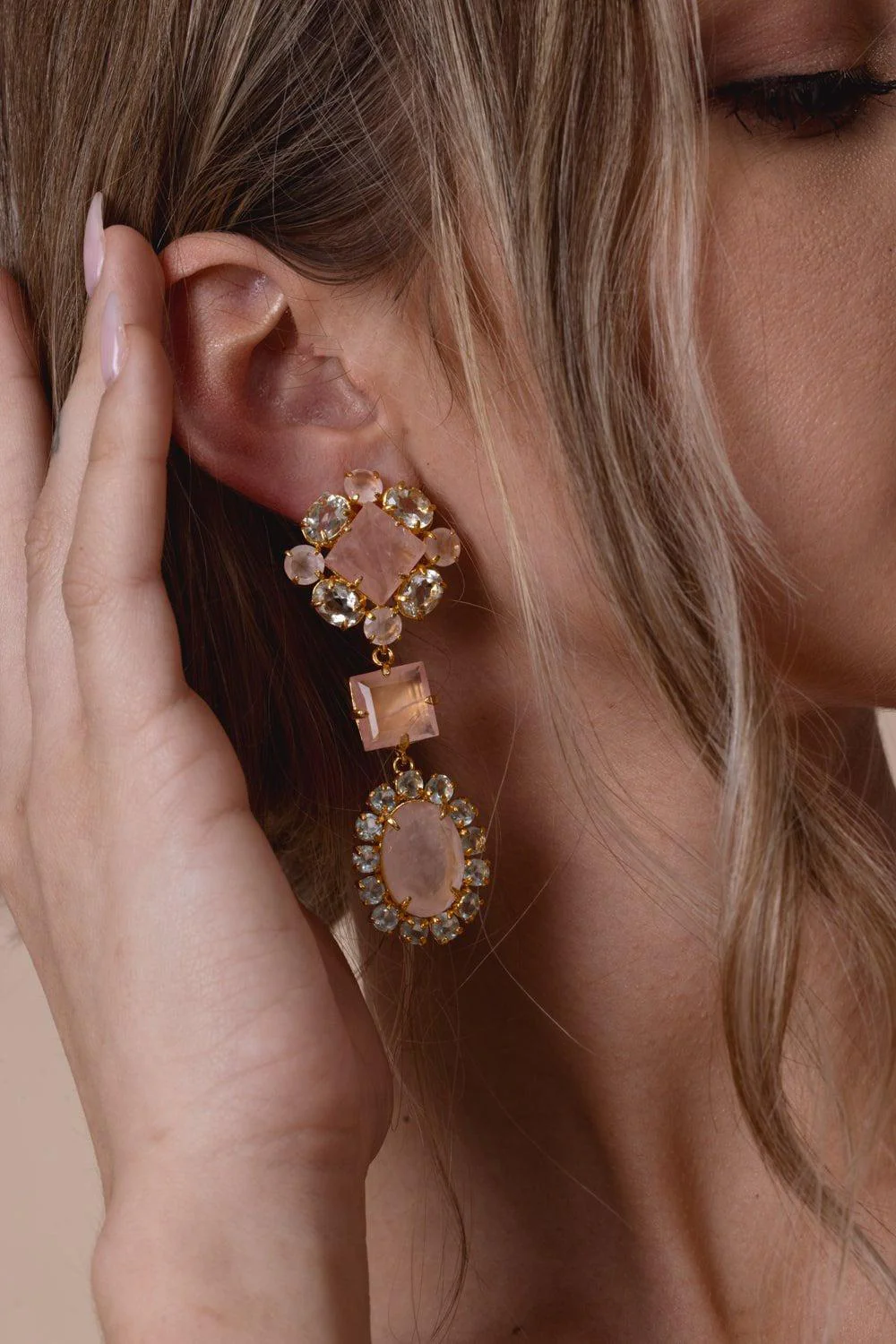 Rose Quartz Amethyst Moonstone Drop Earrings - Image 3