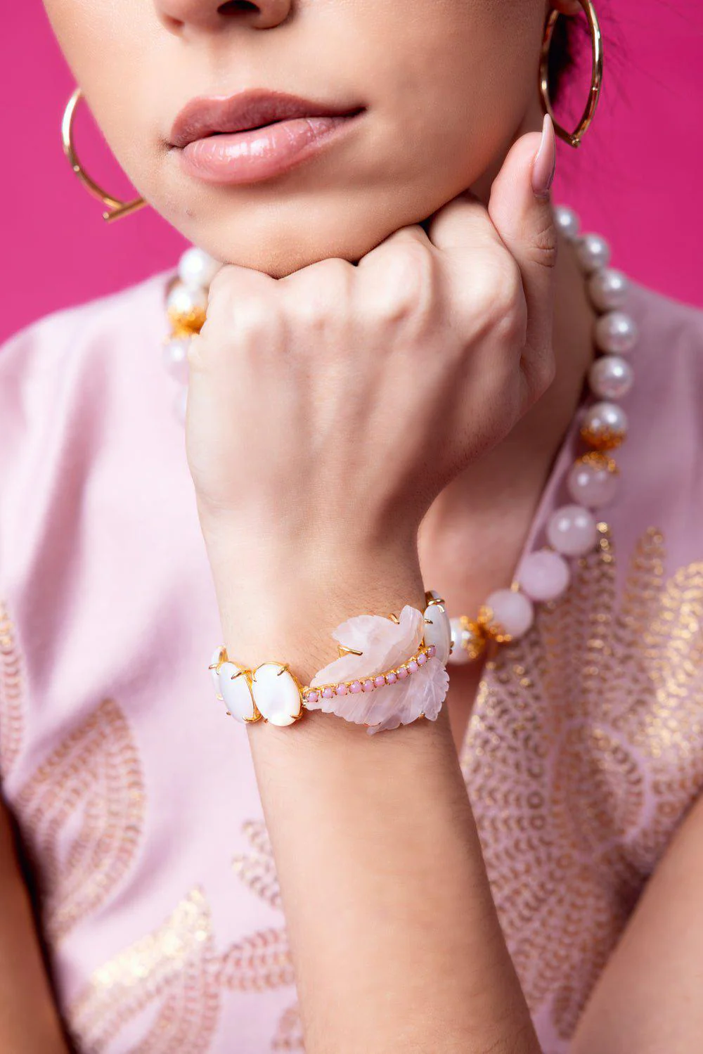 Rose Quartz Carved Leaf Cuff Bracelet - Image 4