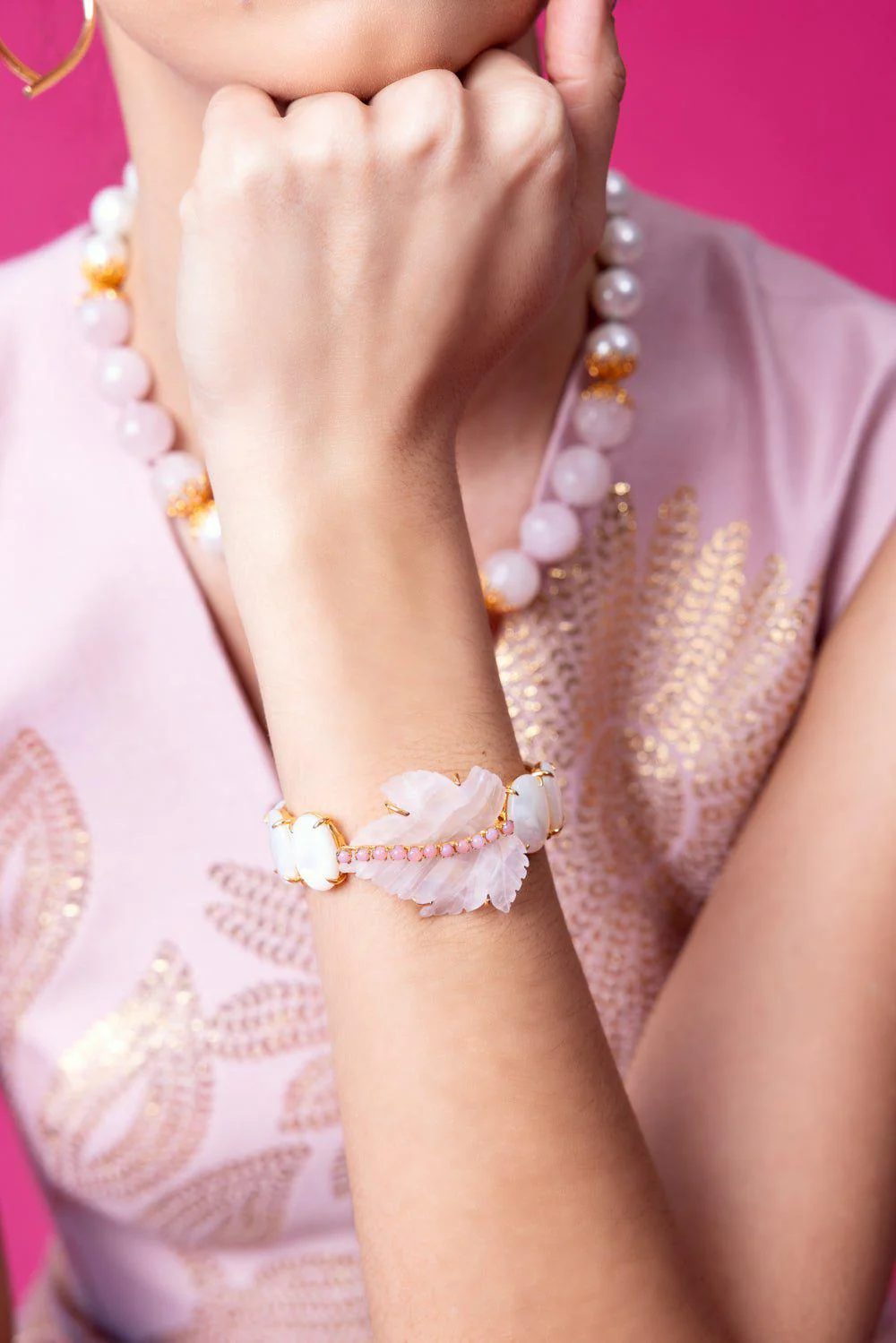 Rose Quartz Carved Leaf Cuff Bracelet - Image 5