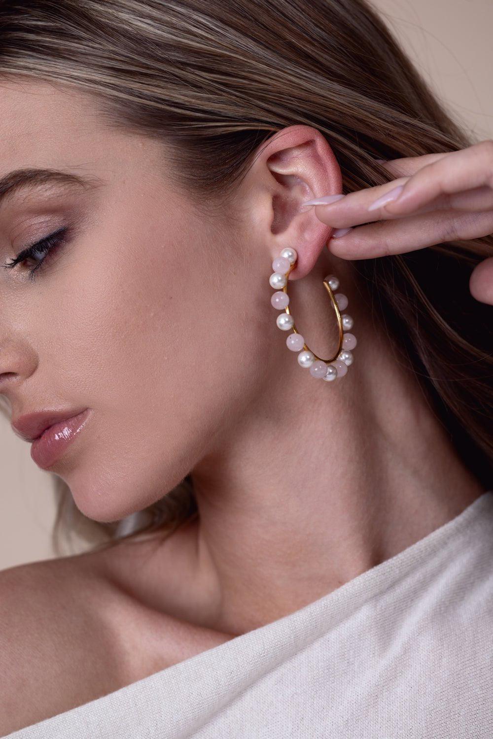 Rose Quartz Pearl Hoop Earrings - Image 3