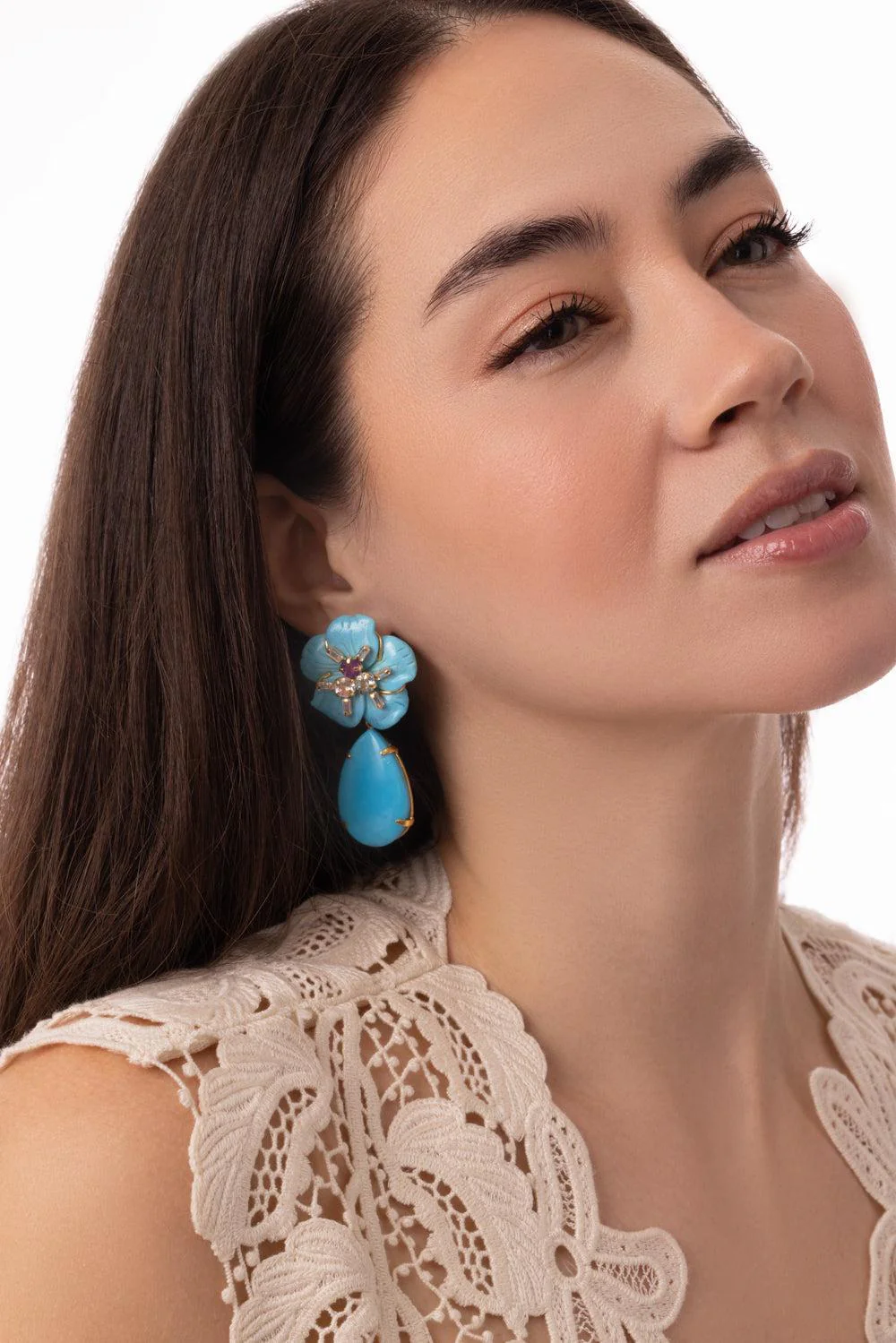 Turquoise Flower Drop Earrings - Image 3