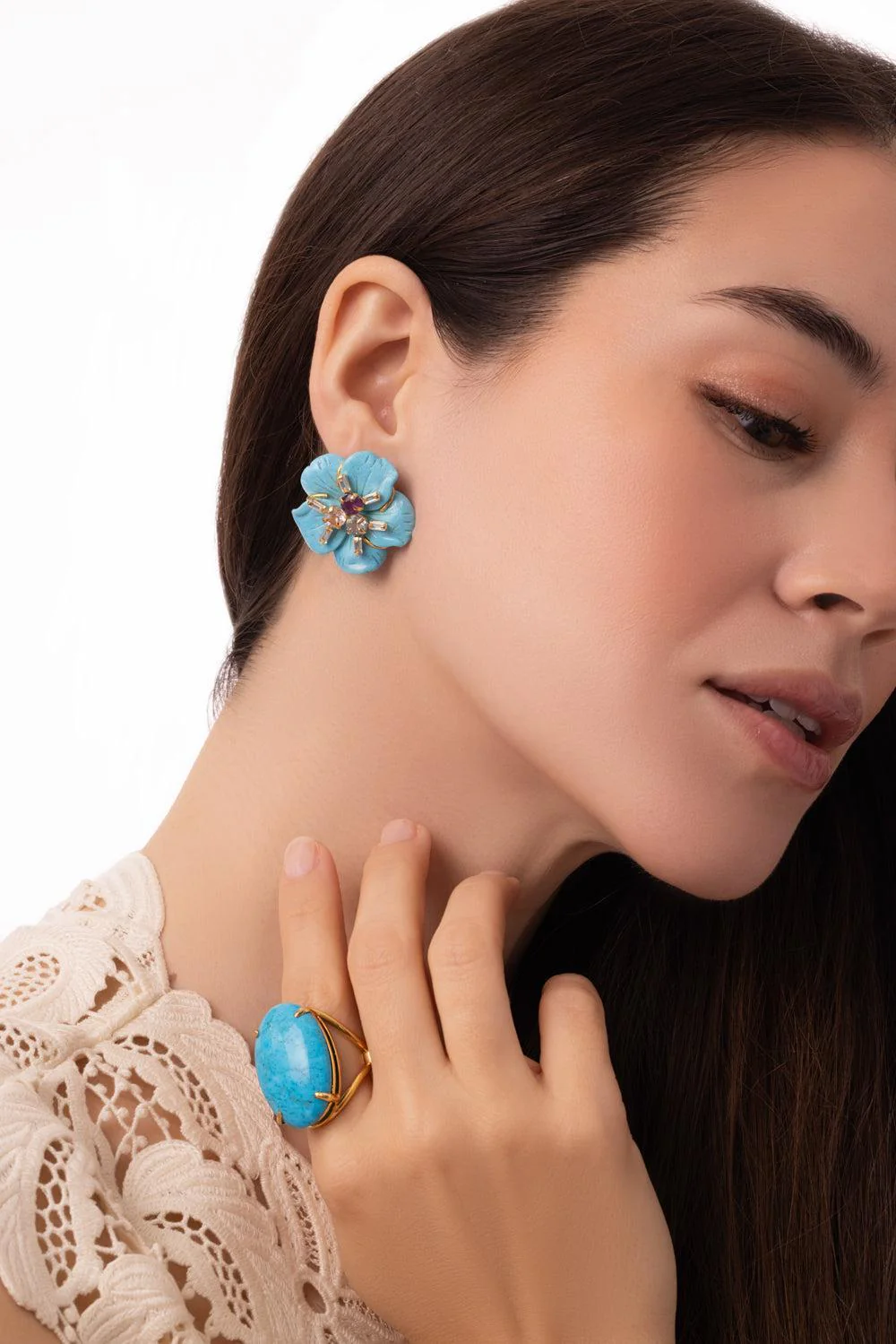 Turquoise Flower Drop Earrings - Image 5