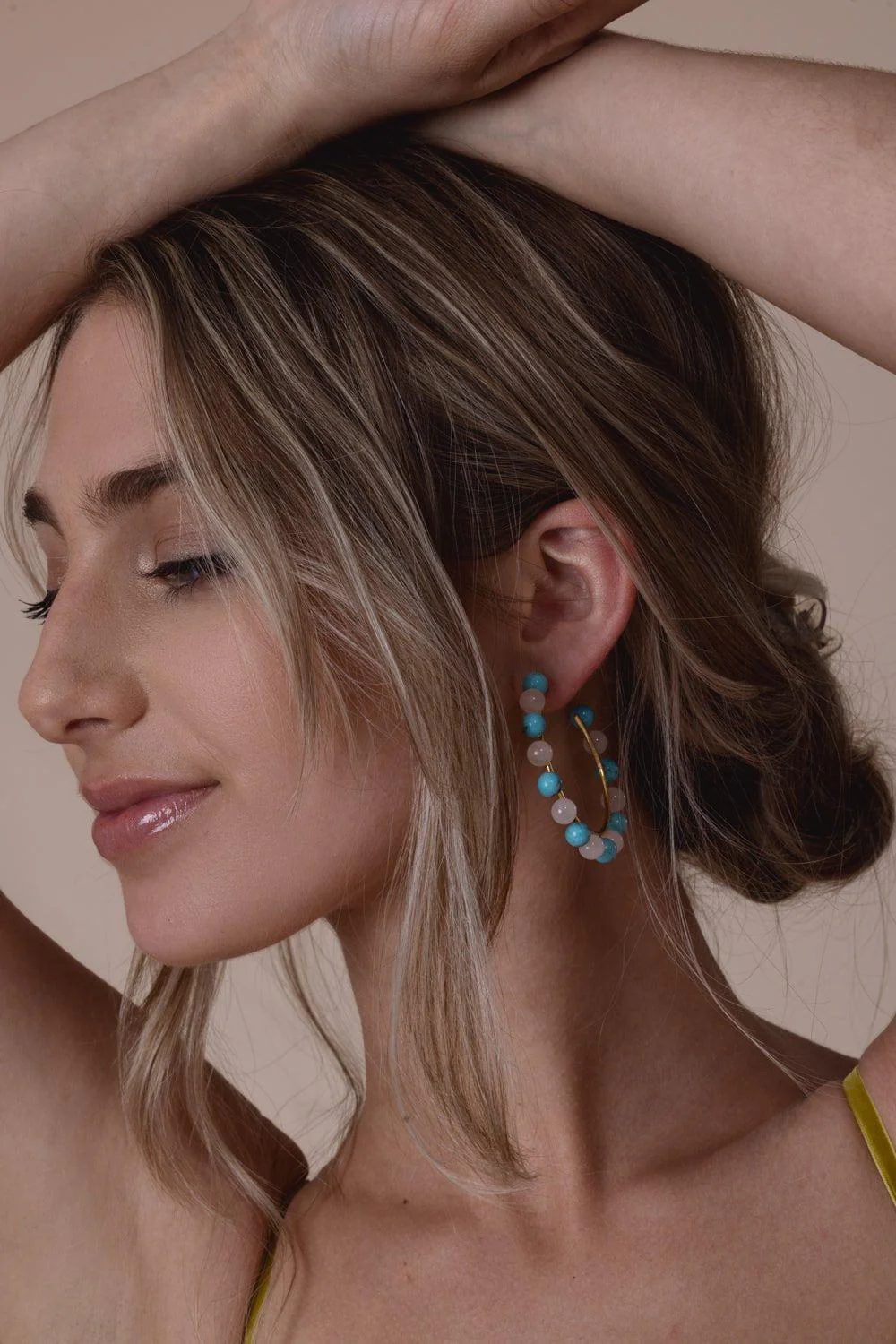 Turquoise Rose Quartz Hoop Earrings - Image 2