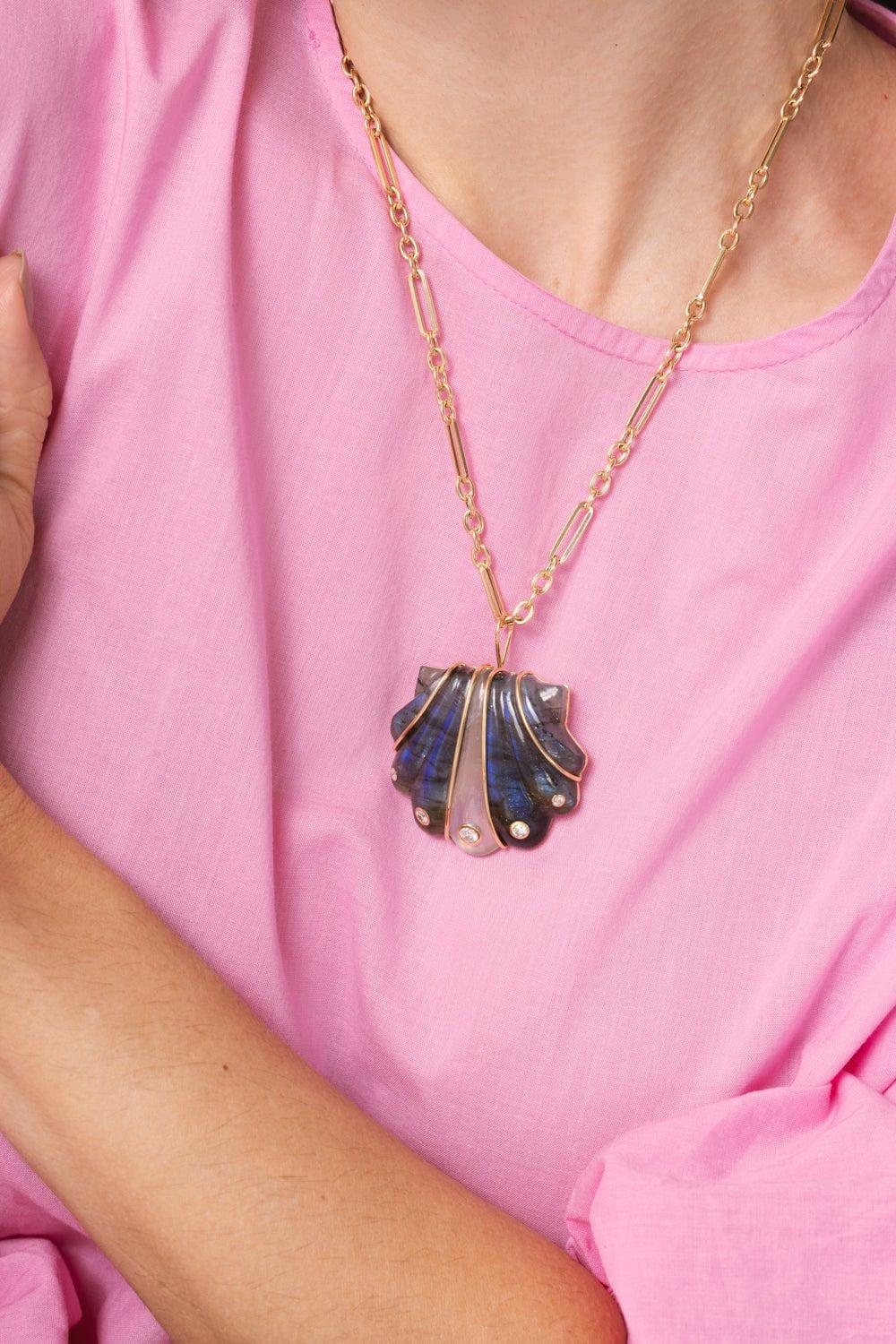 Large Labradorite Moonstone Shell Pendant Necklace - Image 2