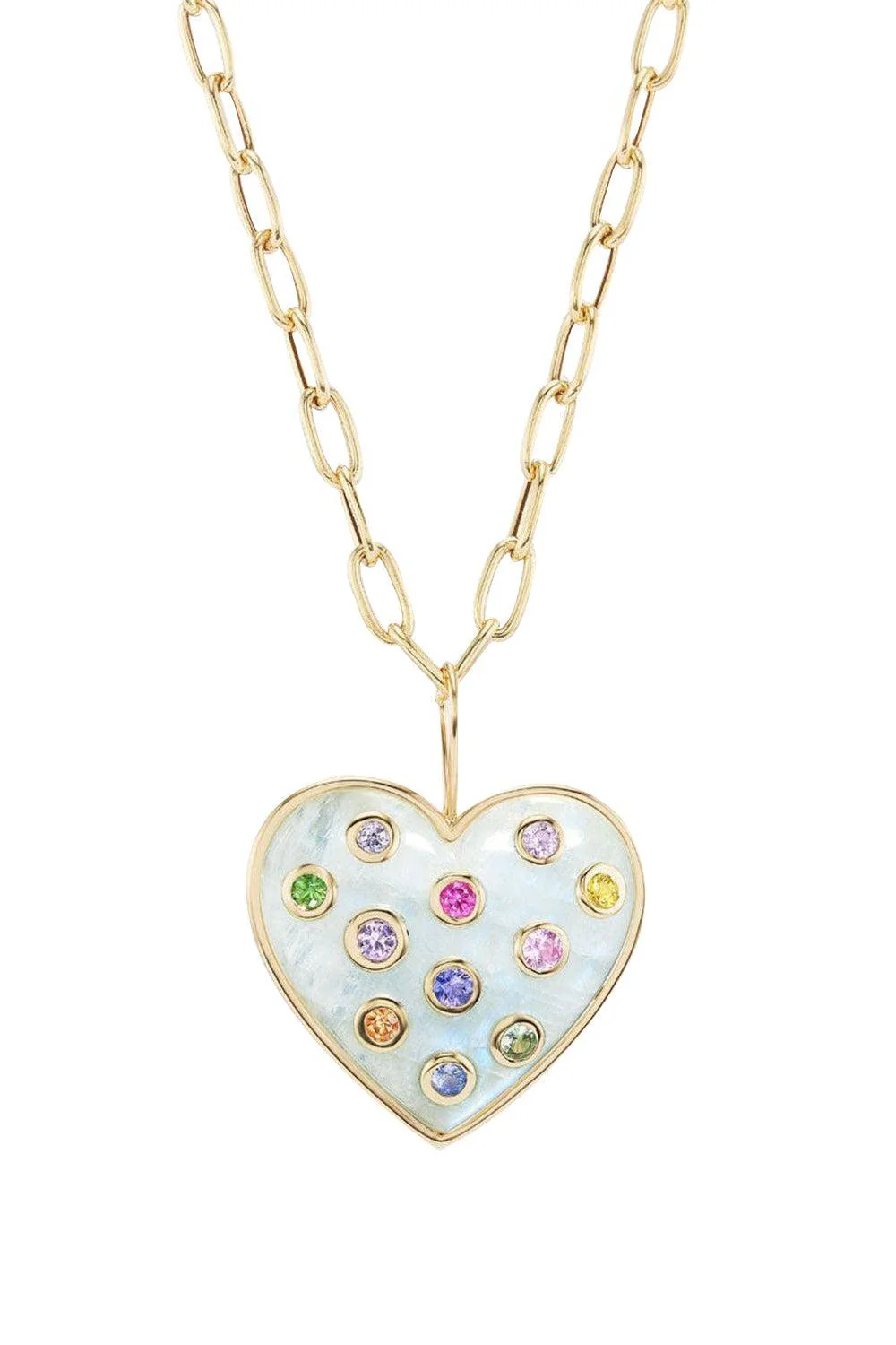 Rainbow Sapphire Medium Puff Moonstone Heart Pendant Necklace
