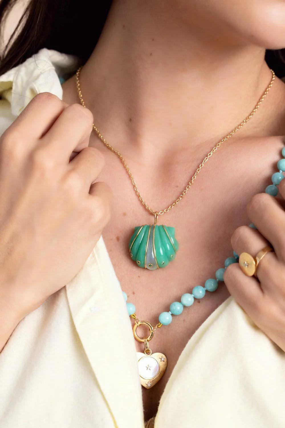 Small Chrysoprase Moonstone Shell Pendant Necklace - Image 4