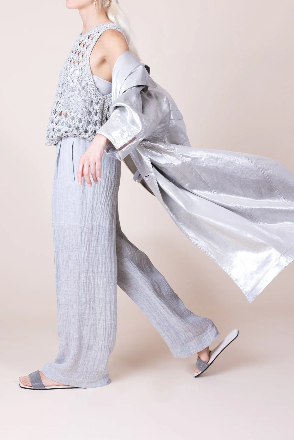 Metallic Double Breasted Long Trench Coat - Image 3