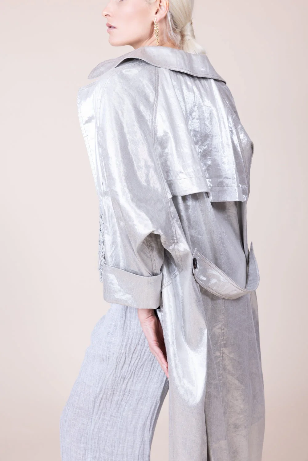 Metallic Double Breasted Long Trench Coat - Image 4