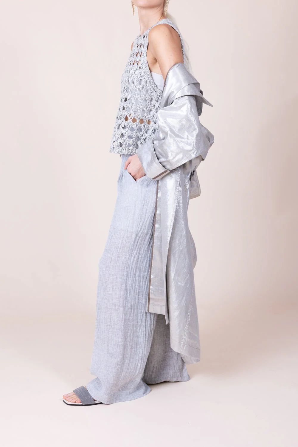 Metallic Double Breasted Long Trench Coat - Image 6