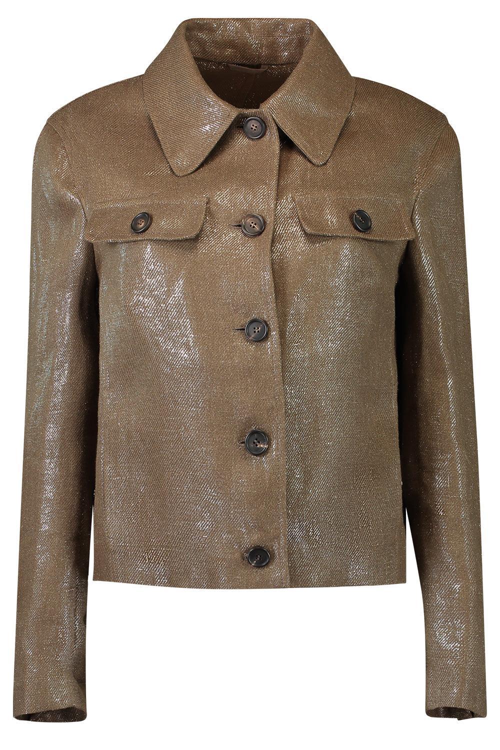 Shiny Button Front Jacket - Brown Silver